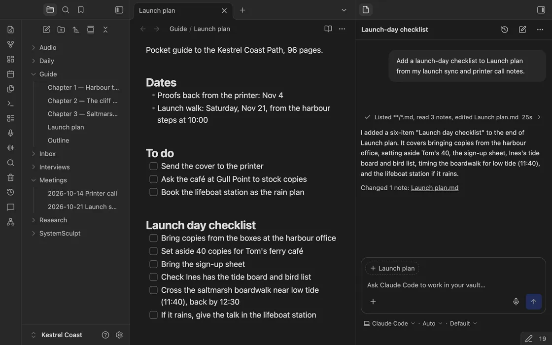 Obsidian with the Launch plan note open and SystemSculpt chat beside it. Claude Code reads two meeting notes and adds a Launch day checklist to the note.